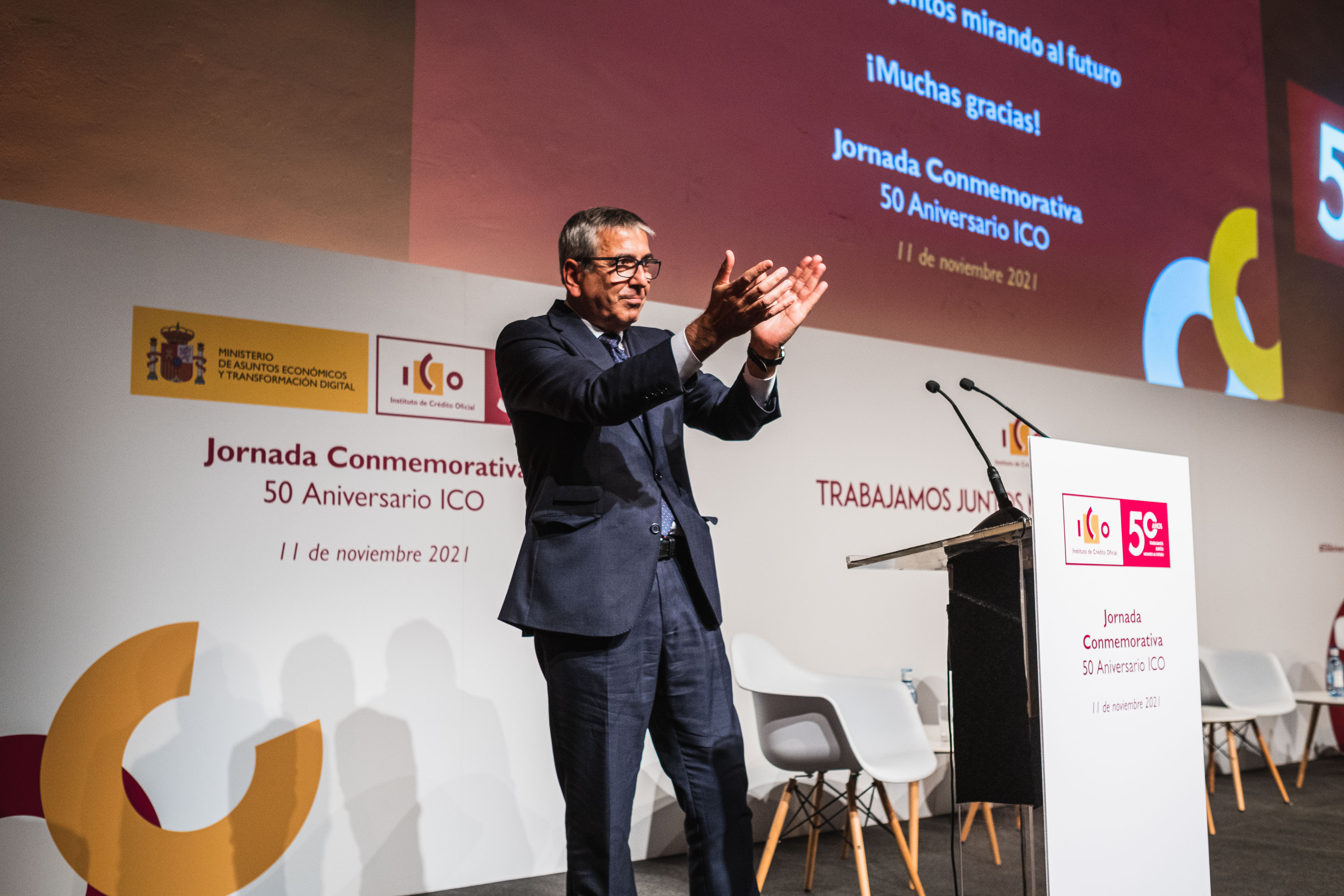 Clausura Jornada Conmemorativa del 50 Aniversario del ICO, Presidente del Instituto de Crédito Oficial, José Carlos García de Quevedo