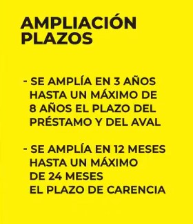 Ampliación Plazos: Se amplía en 3 años hasta un máximo de 8 años el plazo del préstamo y del aval; Se amplía en 12 meses hasta un máximo de 24 meses el plazo de carencia